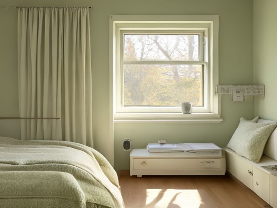 A bedroom with an open window showing crisp air flowing in, with layered bedding and a thermostat on the wall